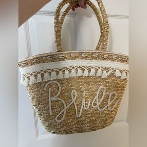 Bride Straw Tote Bag with White Accents